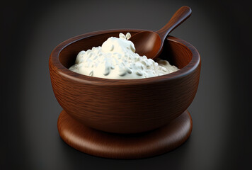 Sticker - yogurt or sour cream in a wooden dish. Generative AI