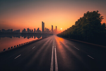 Wall Mural - Conceptual Ai Generated Image (not actual) - Sunrise in Hangzhou with an empty asphalt road and the city skyline. Generative AI