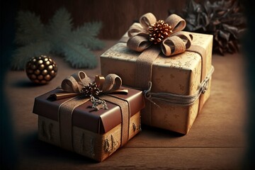 Poster - Two beautiful gifts with bows on wooden background in Christmas.