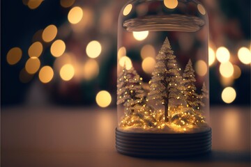 Sticker - Christmas tree in cute glass jar decoration on blurred sparkling fairy background