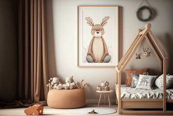 Poster - mock up frame in a kids' room with furnishings made of natural wood,. Generative AI