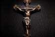 Old crucifix of Jesus Christ from a Catholic church with text space on a dark backdrop. Generative AI