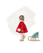 Little girl in a red coat with a Christmas tree on a pull snow sled