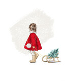 Fototapeta Desenie - Little girl in a red coat with a Christmas tree on a pull snow sled