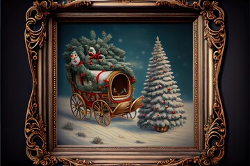 Wall Mural -  a painting of a christmas scene with a horse drawn carriage and a christmas tree in the foreground and a snow covered pine tree in the background. Generative AI