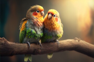  two colorful birds sitting on a branch of a tree together. Generative AI