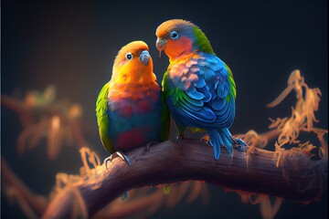 Wall Mural -  two colorful birds sitting on a branch of a tree together. Generative AI