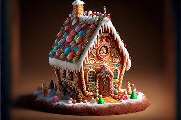 Canvas Print -  a gingerbread house with candy and candy decorations on it's roof and roof is decorated with icing and candy. Generative AI