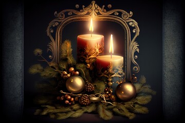 Wall Mural -  a candle with a christmas decoration and a mirror behind it with a picture frame in the background and a candle in the middle. Generative AI