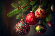  A Group Of Christmas Ornaments Hanging From A Tree Branch With A Dark Background And A Green Branch With Red And Gold Ornaments.