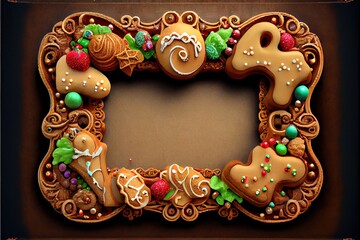 Wall Mural -  a decorated frame with a gingerbread cookie and other cookies in the shape of a letter o on a brown background. Generative AI