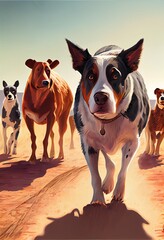  a dog is walking in the middle of a herd of cows on a dirt road with a sky background. Generative AI