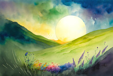 A Natural Environment Painted In Watercolor With Far Off Hills, A Rising Sun, A Cloudy Blue Sky, Green Grass, And Abstract Flowers. Painted By Hand. Generative AI