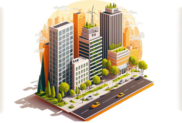 Poster - Illustrations of a sophisticated, contemporary metropolis with office and residential buildings. Solar powered residences and workplaces. business district roads, vehicles, and skyscrapers. isolated v