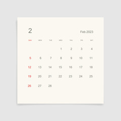 Wall Mural - February 2023 calendar page on white background. Calendar background for reminder, business planning, appointment meeting and event. Week starts from Sunday. Vector illustration.