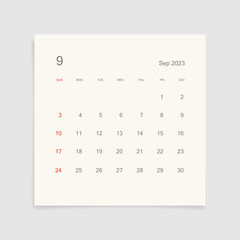 Wall Mural - September 2023 calendar page on white background. Calendar background for reminder, business planning, appointment meeting and event. Week starts from Sunday. Vector illustration.