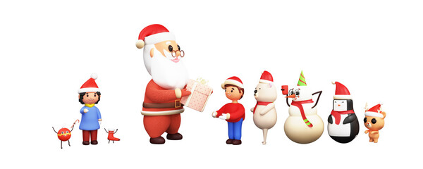 Sticker - 3D Render Santa Claus Offering Gifts To Kids, Polar Bear, Snowman, Penguin And Reindeer On The Occasion Of Merry Christmas.