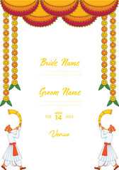 Sticker - Wedding Invitation Card With Tutari Player Men In Traditional Attire, Floral Garland (Toran) And Event Details.