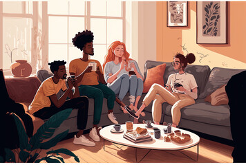 a diverse mix of young people enjoying one other's company. At a casual get together at home, smiling individuals of all races and ethnicities are conversing and exchanging fascinating tales while lou