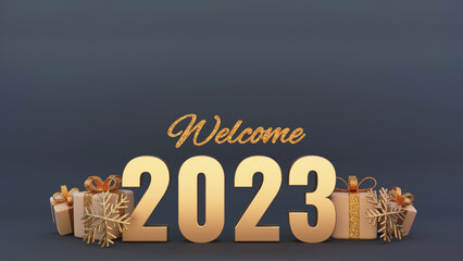 Sticker - 3D Render Of Golden Welcome 2023 Text With Glitter Snowflakes, Gift Boxes On Slate Color Background.