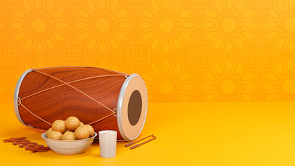 Sticker - 3D Render Of Punjabi Festival Elements And Copy Space On Orange Mandala Pattern Background.