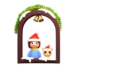 Sticker - 3D Render Of Cartoon Girl With Reindeer Wearing Santa Hat Looking Out From Decorative Window Illustration.