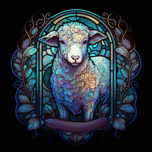 Easter Lamb In Stained Glass Style. Looking Right At Us. Colorful Image For The Easter Holiday, Wallpapers, Interiors, T-shirts, And Posters.