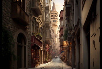 Canvas Print - Istanbul, Turkey's tiny street and Galata Tower. This location is a historical region and popular tourist destination in Istanbul. Old Turkish structures in Istanbul's Beyoglu neighborhood. Turkey, Ma