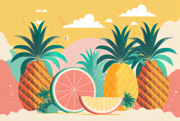 Wall Mural - Background image of tropical fruits with a beachy backdrop in a cutesy art style and pastel color palette. Generative AI