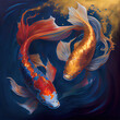 Oil painting of two koi fish circling like yin and yang patterns. Two golden fish in the pond in harmony
