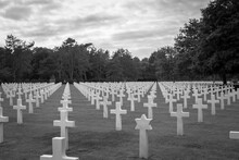Black And White Photo Of American Grave Field With A Jewish Grave Of Fallen American Soldiers. Fallen In 1944 In Normandy. D-Day.