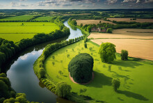 A Beautiful Aerial Picture Of Verdant Meadows And The Seine River In Rural France. Northern France's Ile De France Region, Val D'Oise Department. Generative AI