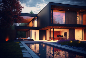 Canvas Print - A contemporary home exterior with a pool. Generative AI