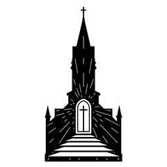 Christian catholic church building with shining entrance and stairs, prayer concept, silhouette of cathedral, vector