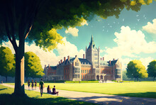 Landscape Of A University Building, Students Strolling, And A Young Couple Sitting On Grass. Campus With Beautiful Skies, Green Grass, And Trees. Individuals Studying, A College, And An Educational Se