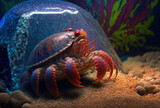 Hermit crabs are anomoran decapod crustaceans, and Naples Aquarium Anton Dorn is the oldest aquarium in all of Italy. Red colored crabs in a bluelit aquarium sit on a shell. Generative AI