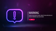 Purple poster with neon warning logo and title with button on blurred background.