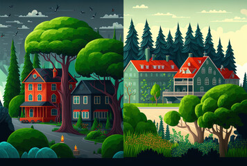 Poster - Nature, a suburban scene, and a metropolis are all shown separately. Urban town, suburban building, and hamlet in a cityscape with a lush forest. Generative AI