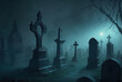 The cemetery is shrouded in fog at night. Generative AI