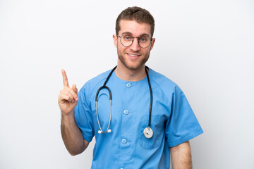 Poster - Young surgeon doctor caucasian man isolated on white background pointing with the index finger a great idea