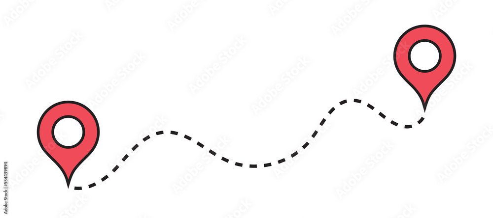 Route location icon, two pin signs and dotted road line, path start and ...