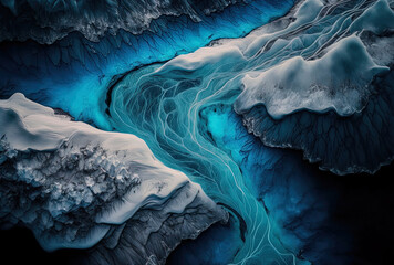 a torrent of ice from above. aerial image of rivers emerging from icelandic glaciers. mother nature 