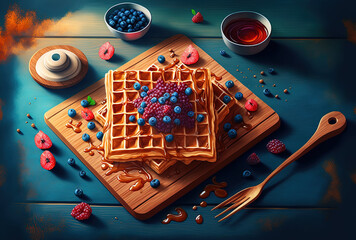 Canvas Print - advertisement for a toaster waffle on a blue wooden table. Waffles with berry fruits and a thick, crispy layer of maple syrup. Generative AI