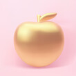 Vector realistic golden apple on pink background. 3d glossy render luxury fruit.