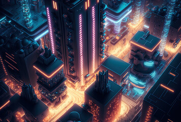 Sticker - Aerial image of a science fiction metropolis. Skyscraper structures with plenty of LED lights and advertising signs. Background for a wallpaper product. Generative AI