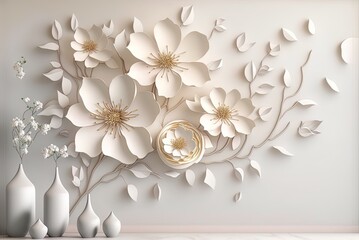 Sticker - Wall covering depicting a mosaic of simple flowers on a white backdrop. a contemporary bouquet against a white wall Generative AI