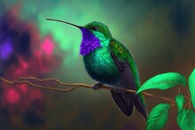 Hummingbird With Green, Violet Ears In The Mexican Central Mountains. Photographs Of This Elusive And Secretive Medium-sized Hummingbird Are Very Scarce. Generative AI