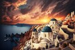 Dramatic sky and beautiful sunset above the churches of Oia town on the Greek island of Santorini. Generative AI