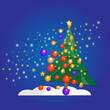 Christmas tree toys on the fir tree. Swaying in the wind. Dark blue background. Illustration. Graphic image.