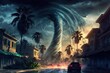 Lightning and a twister on a city street during a hurricane, typhoon, or other such event. Urban areas more vulnerable to natural calamities. electronic painting Generative AI